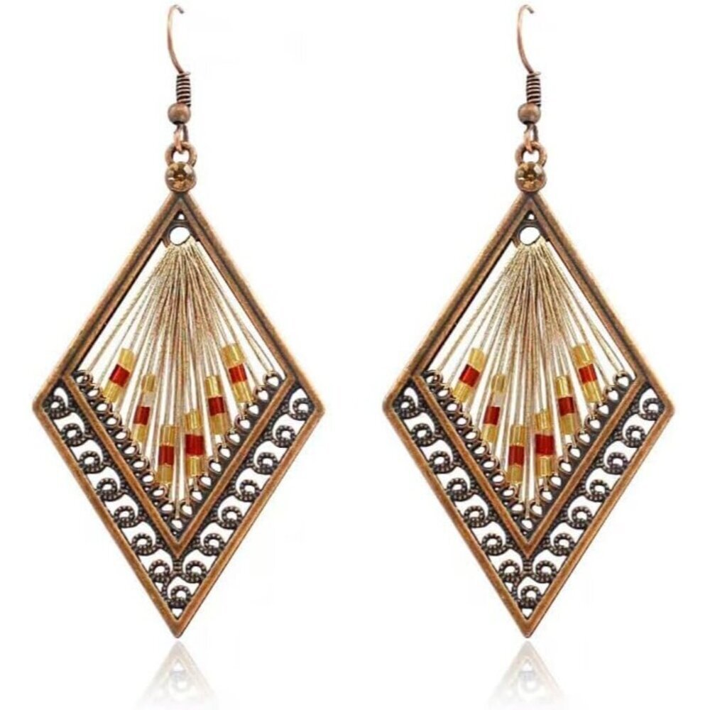 Diamond Shaped Brown Gold Boho Dangle Statement Vintage Dainty Earring for Women
